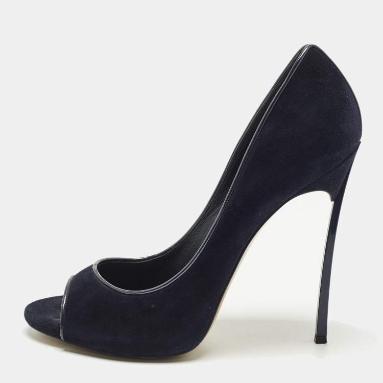 Pre Owned Casadei Blade Size 41 Navy Blue Suede Peep Toe Pumps