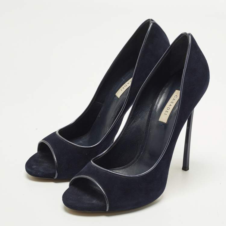 Pre Owned Casadei Blade Size 41 Navy Blue Suede Peep Toe Pumps