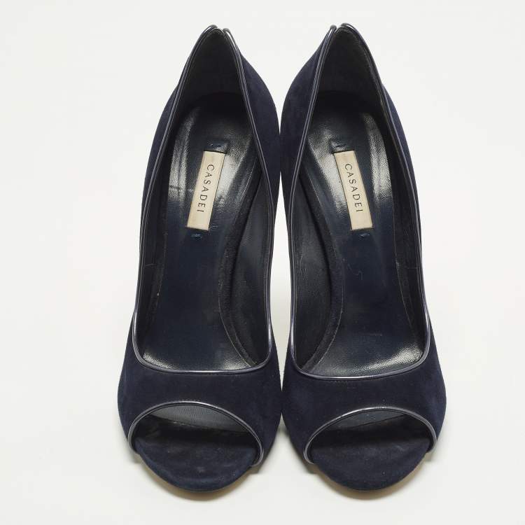 Pre Owned Casadei Blade Size 41 Navy Blue Suede Peep Toe Pumps
