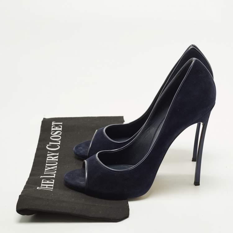 Pre Owned Casadei Blade Size 41 Navy Blue Suede Peep Toe Pumps