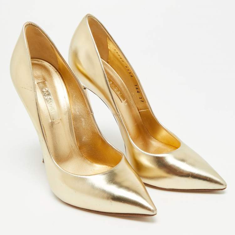 Pre Owned Casadei Blade Size 37 Gold Leather Pointed Toe Pumps