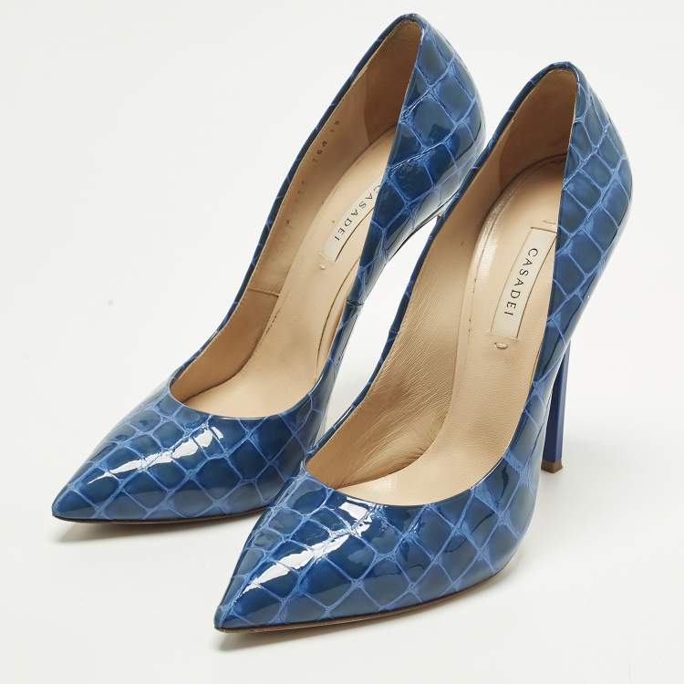 Pre Owned Casadei Size 39 Blue Croc Embossed Patent Leather Pointed Toe Pumps