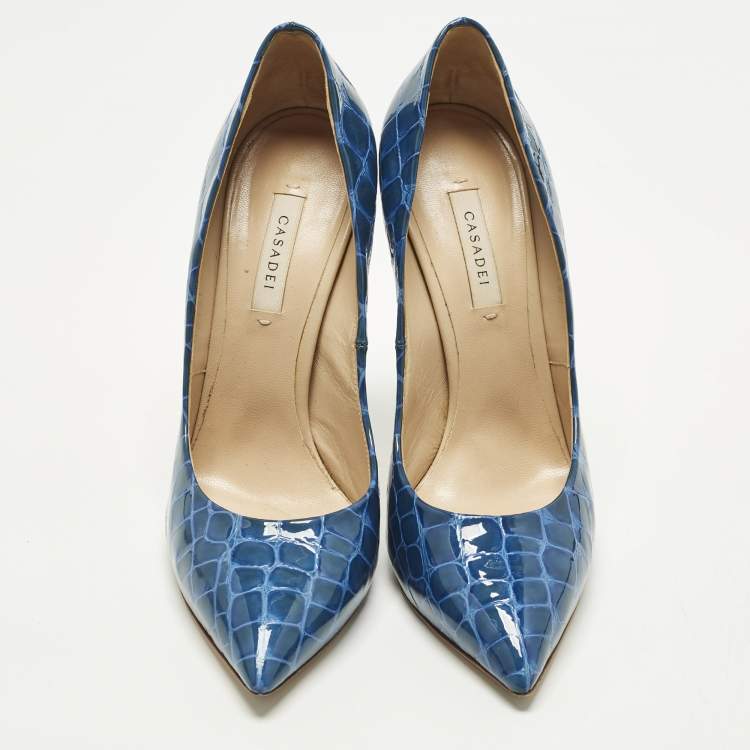 Pre Owned Casadei Size 39 Blue Croc Embossed Patent Leather Pointed Toe Pumps