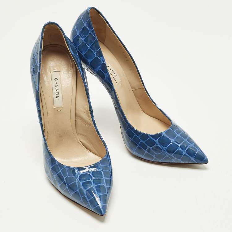 Pre Owned Casadei Size 39 Blue Croc Embossed Patent Leather Pointed Toe Pumps