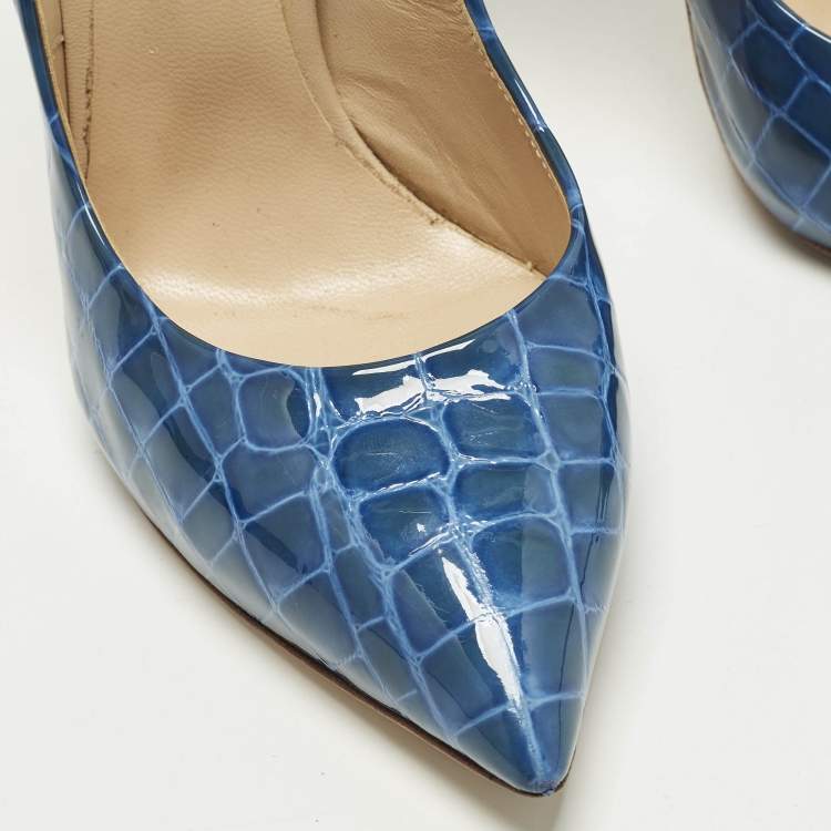Pre Owned Casadei Size 39 Blue Croc Embossed Patent Leather Pointed Toe Pumps