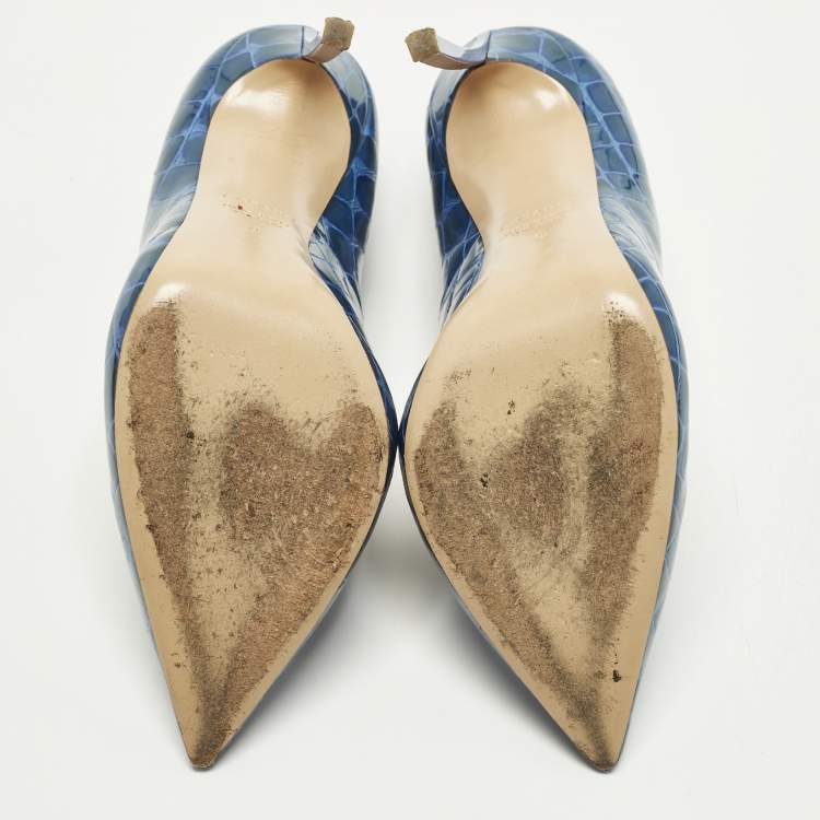 Pre Owned Casadei Size 39 Blue Croc Embossed Patent Leather Pointed Toe Pumps