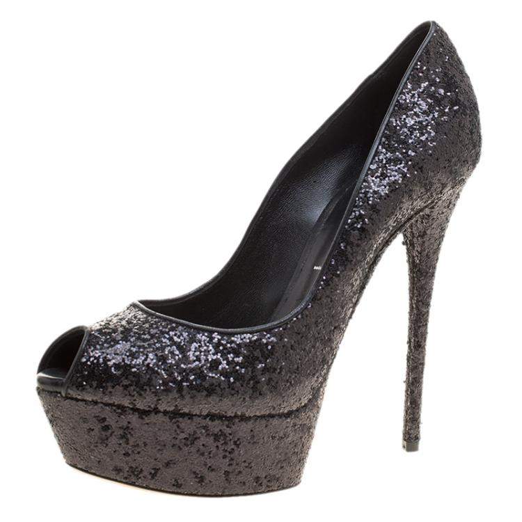 Harlow Cross Strap Block Heels In Black Glitter | SilkFred