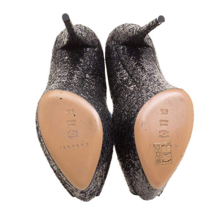 Pre Owned Casadei Black Glitter Peep Toe Platform Pumps Size 38.5