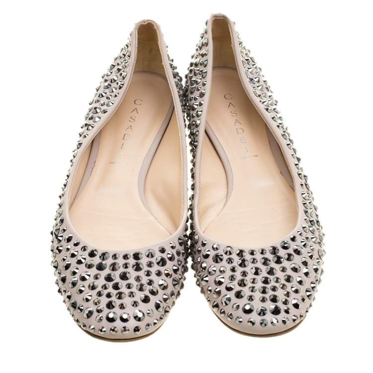 Pre Owned Casadei Beige Crystal Embellished Leather Ballet Flats Size 40