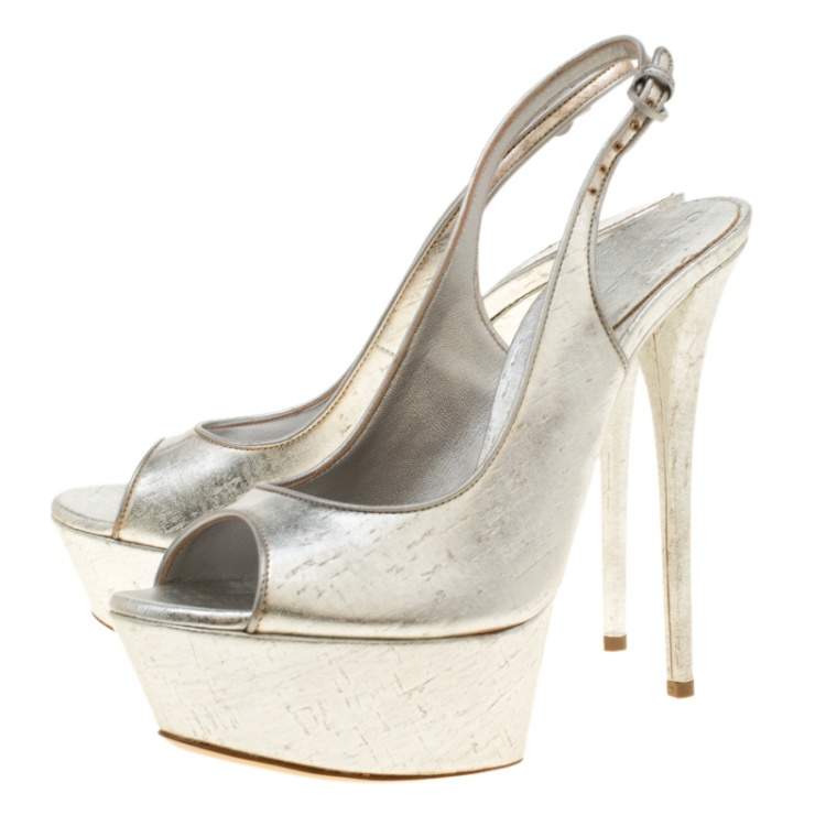 Pre Owned Casadei Silver Leather Pellame Peep Toe Slingback Sandals Size 39.5