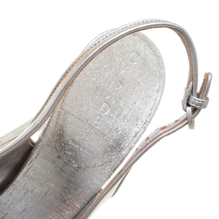 Pre Owned Casadei Silver Leather Pellame Peep Toe Slingback Sandals Size 39.5