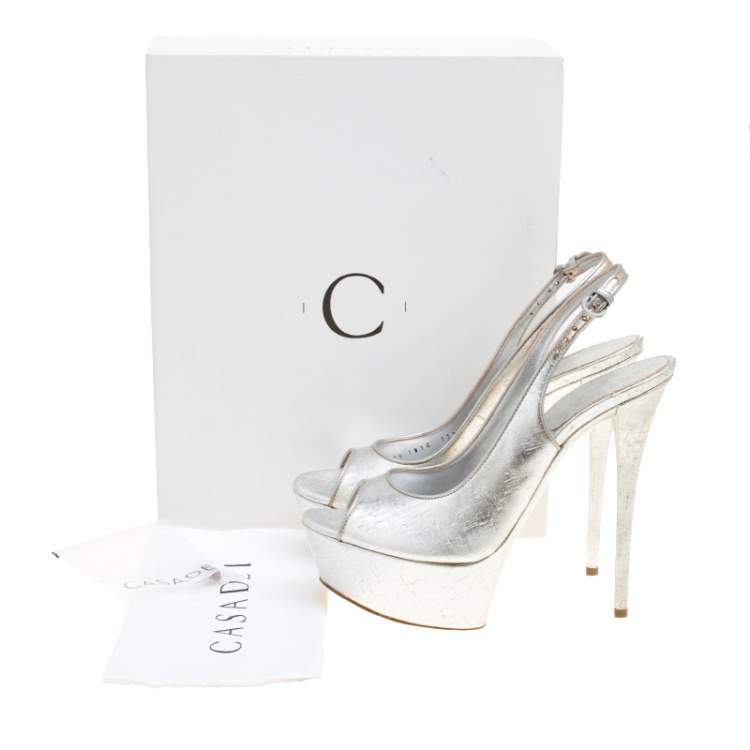 Pre Owned Casadei Silver Leather Pellame Peep Toe Slingback Sandals Size 39.5