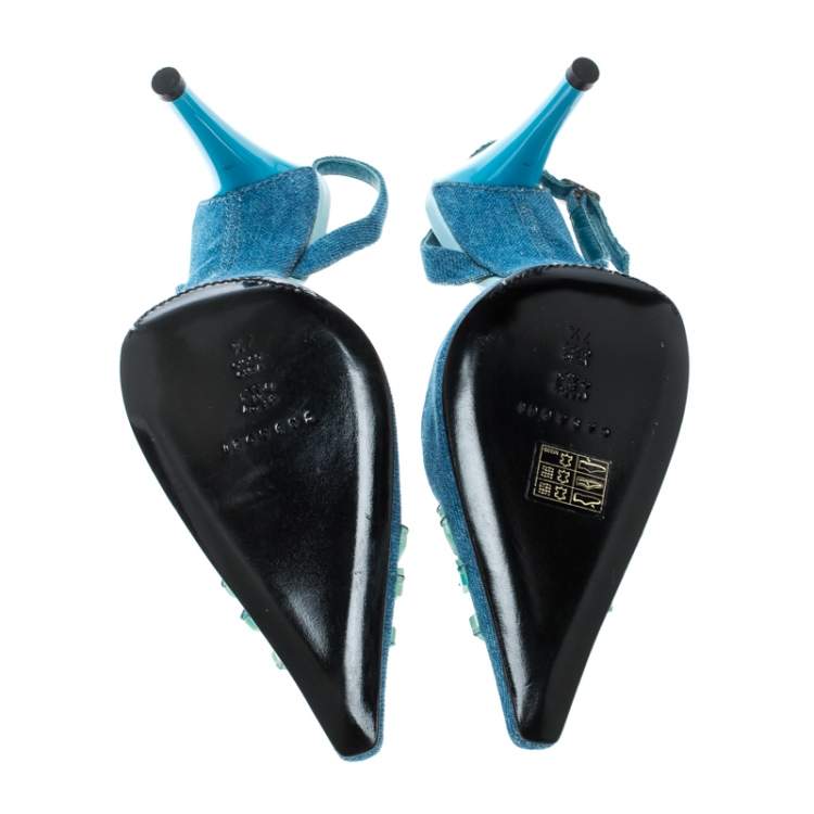 Pre Owned Casadei Blue Denim Pointed Toe Slingback Sandals Size 37.5