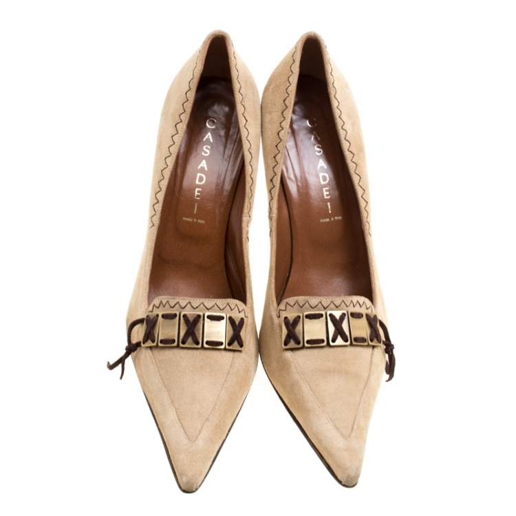 Pre Owned Casadei Beige Suede Pointed Toe Pumps Size 38.5
