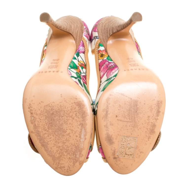 Pre Owned Casadei Beige/Multicolor Leather and Printed Fabric Buckle Detail Pumps Size 37