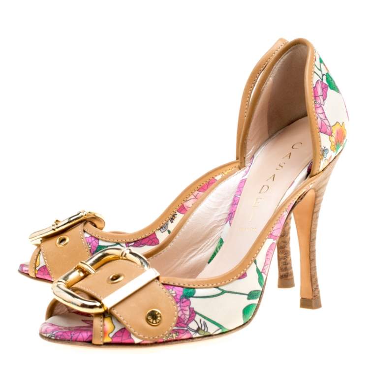 Pre Owned Casadei Beige/Multicolor Leather and Printed Fabric Buckle Detail Pumps Size 37