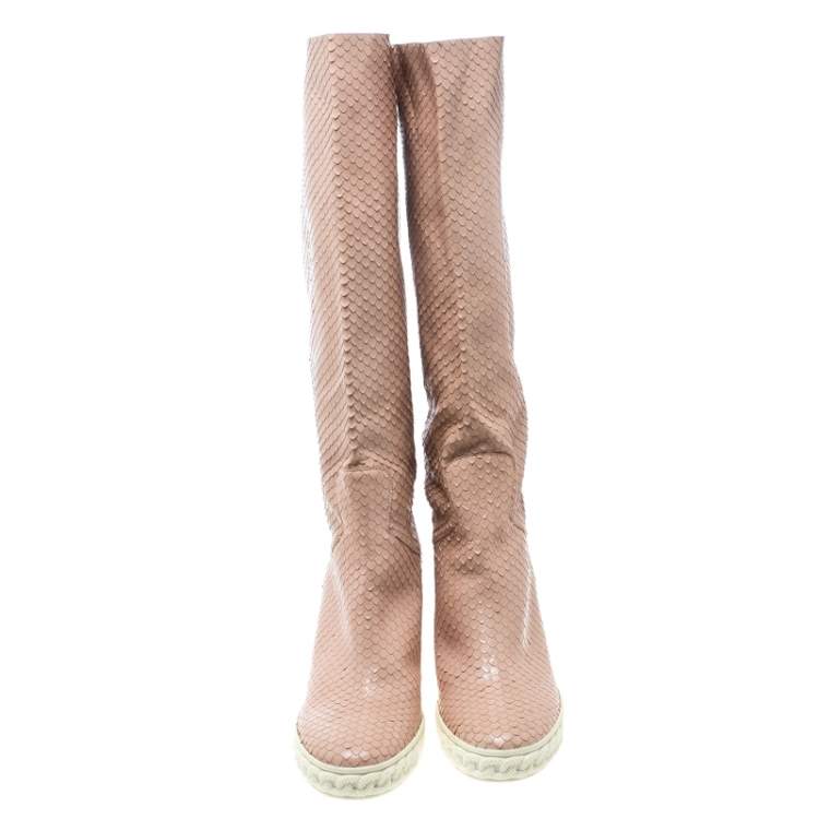 Pre Owned Casadei Pale Pink Snakeskin Embossed Leather Knee High Boots Size 39