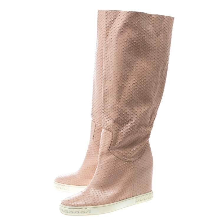 Pre Owned Casadei Pale Pink Snakeskin Embossed Leather Knee High Boots Size 39