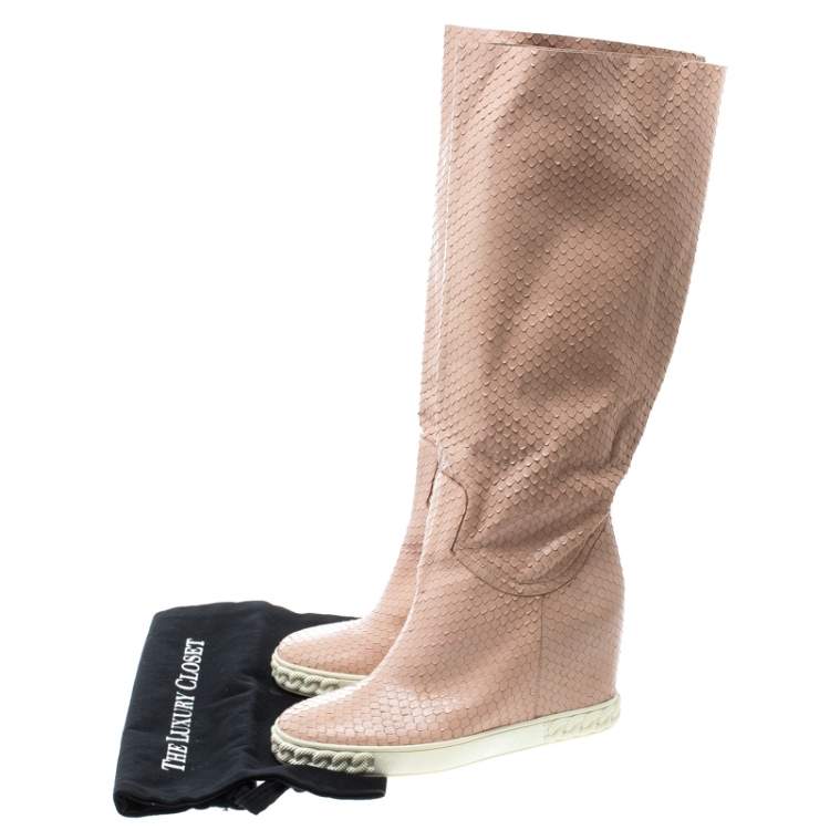 Pre Owned Casadei Pale Pink Snakeskin Embossed Leather Knee High Boots Size 39