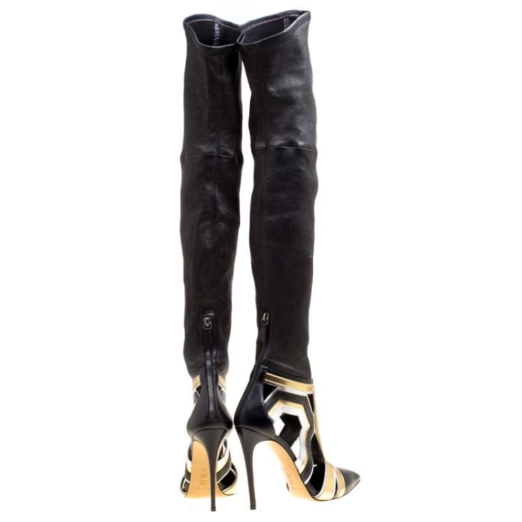 مملوكة مسبقًا Casadei Multiclor Leather Cut Out Over The Knee Boots Size 40