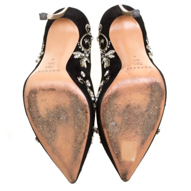 مملوكة مسبقًا Casadei Black Embroidered Suede Crystal Embellished Pointed Toe Pumps Size 39