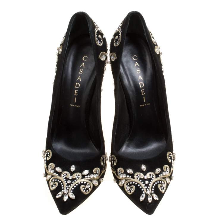 مملوكة مسبقًا Casadei Black Embroidered Suede Crystal Embellished Pointed Toe Pumps Size 39