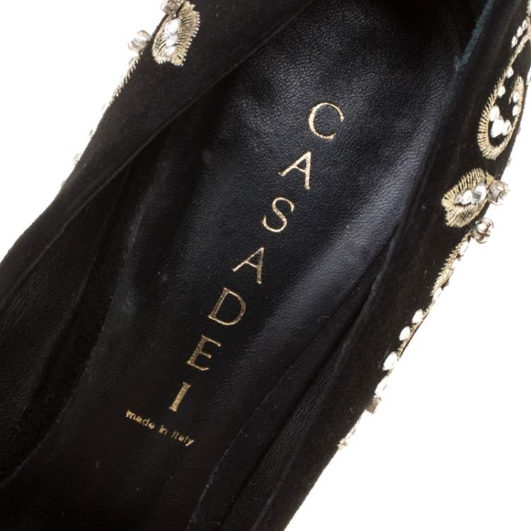 مملوكة مسبقًا Casadei Black Embroidered Suede Crystal Embellished Pointed Toe Pumps Size 39