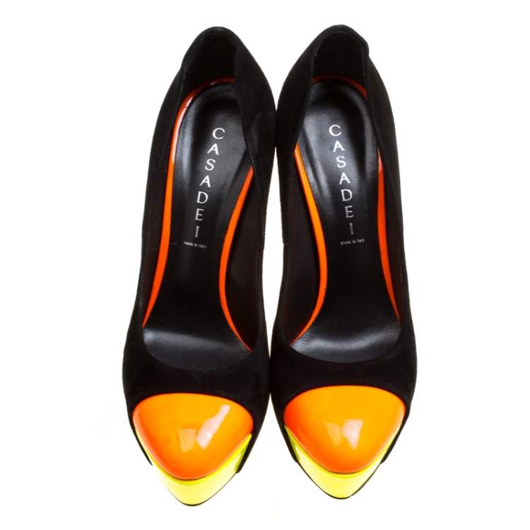 Pre Owned Casadei Tricolor Suede And Patent Leather Cap Toe Platform Pumps Size 39