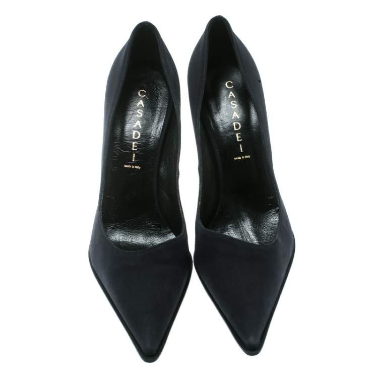 Pre Owned Casadei Navy Blue Satin Pointed Toe Pumps Size 38.5