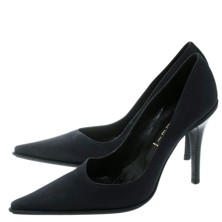 Pre Owned Casadei Navy Blue Satin Pointed Toe Pumps Size 38.5