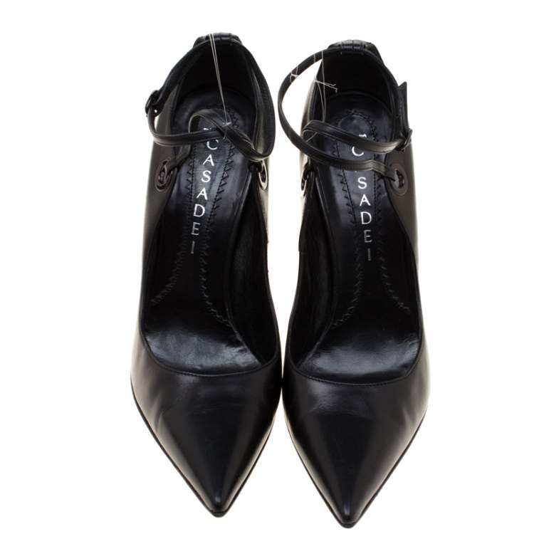 Pre Owned Casadei Black Leather Pointed Toe Ankle Strap Pumps Size 40