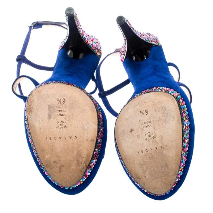 Pre Owned Casadei Royal Blue Suede Crystal Embellished Heel Ankle Wrap Platform Sandals Size 36.5