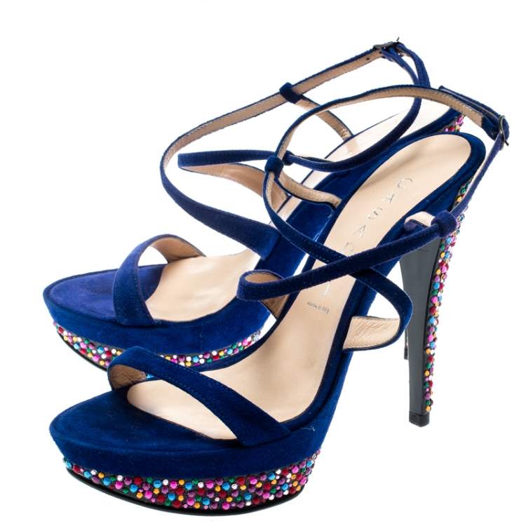 Pre Owned Casadei Royal Blue Suede Crystal Embellished Heel Ankle Wrap Platform Sandals Size 36.5