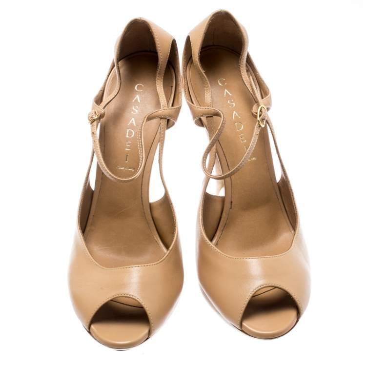 Pre Owned Casadei Beige Leather Peep Toe Ankle Strap Sculpted Heel Platform Sandals Size 40