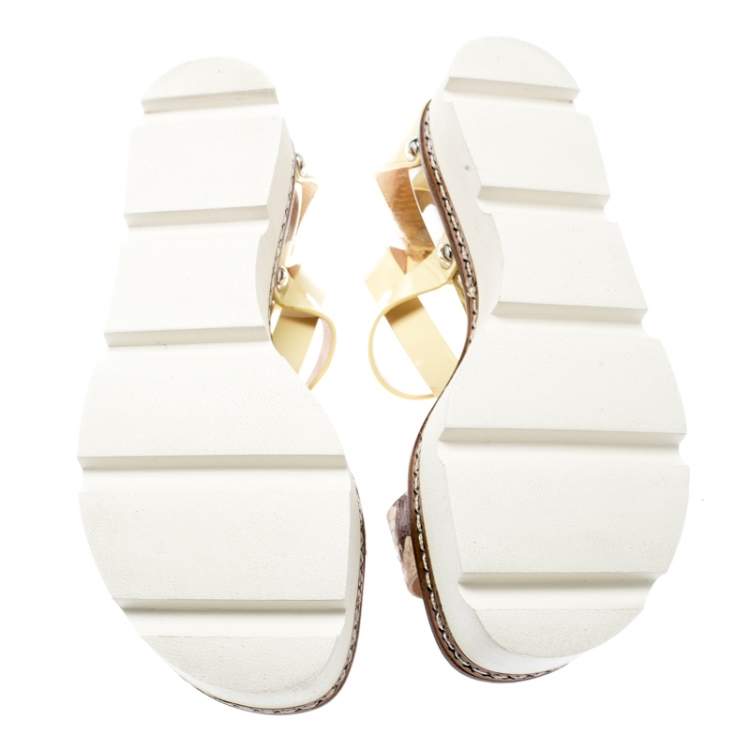 Pre Owned Casadei Yellow Patent Leather And Two Tone Python Embossed Leather Cross Strap Platform Sandals Size 37