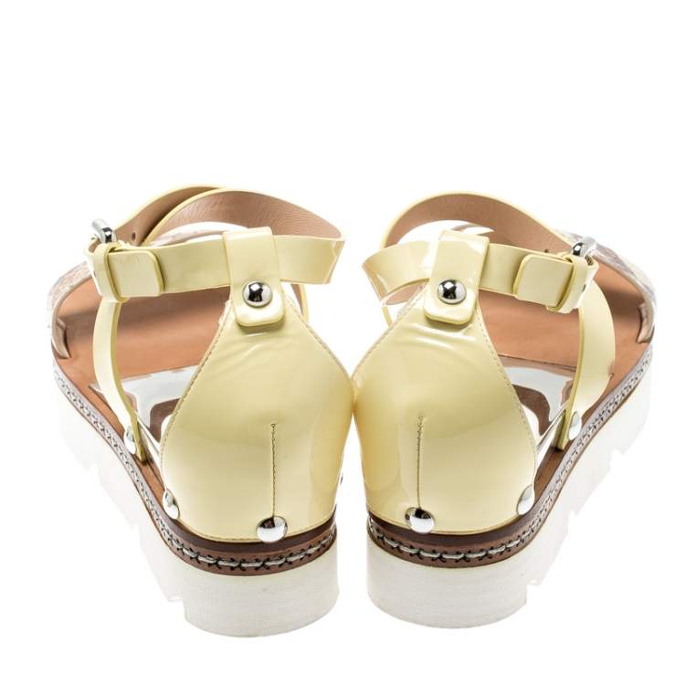 Pre Owned Casadei Yellow Patent Leather And Two Tone Python Embossed Leather Cross Strap Platform Sandals Size 37