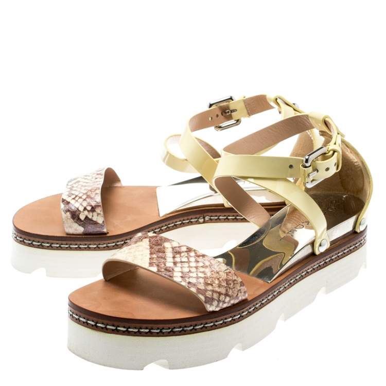 Pre Owned Casadei Yellow Patent Leather And Two Tone Python Embossed Leather Cross Strap Platform Sandals Size 37