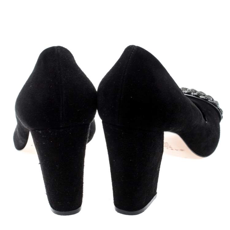 Pre Owned Casadei Black Suede Chain Detail Metal Cap Toe Pumps Size 38