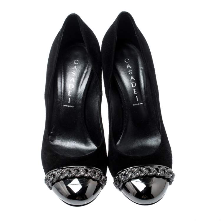 Pre Owned Casadei Black Suede Chain Detail Metal Cap Toe Pumps Size 38