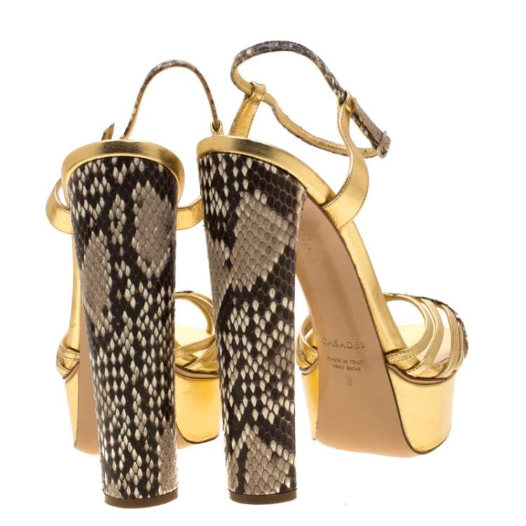 Pre Owned Casadei Gold/Beige Leather and Python Trim Strappy Platform Open Toe Sandals Size 38