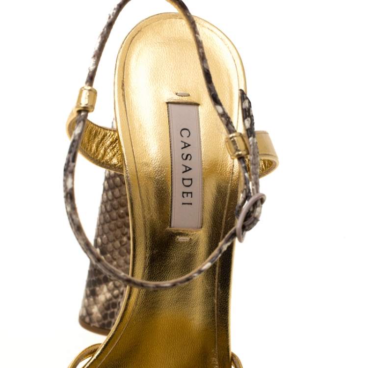 Pre Owned Casadei Gold/Beige Leather and Python Trim Strappy Platform Open Toe Sandals Size 38