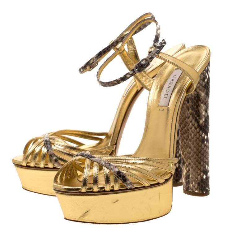 Pre Owned Casadei Gold/Beige Leather and Python Trim Strappy Platform Open Toe Sandals Size 38