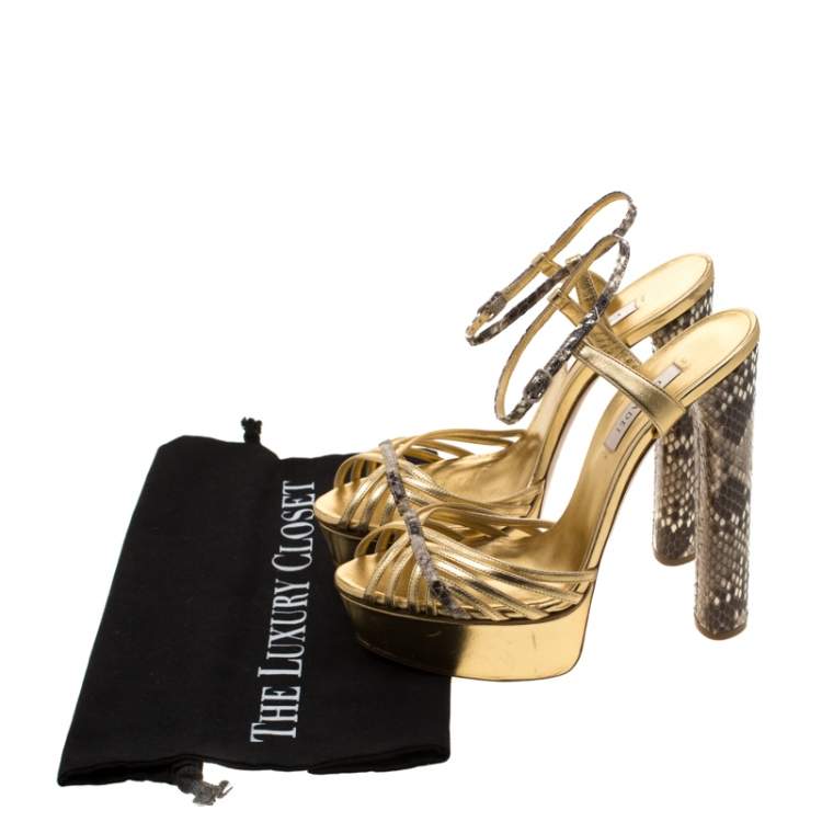 Pre Owned Casadei Gold/Beige Leather and Python Trim Strappy Platform Open Toe Sandals Size 38