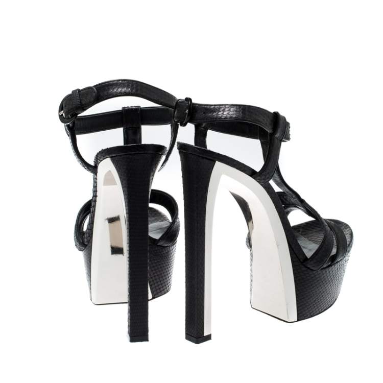 Pre Owned Casadei Black Python Embossed Leather Ankle Strap Platform Sandals Size 39