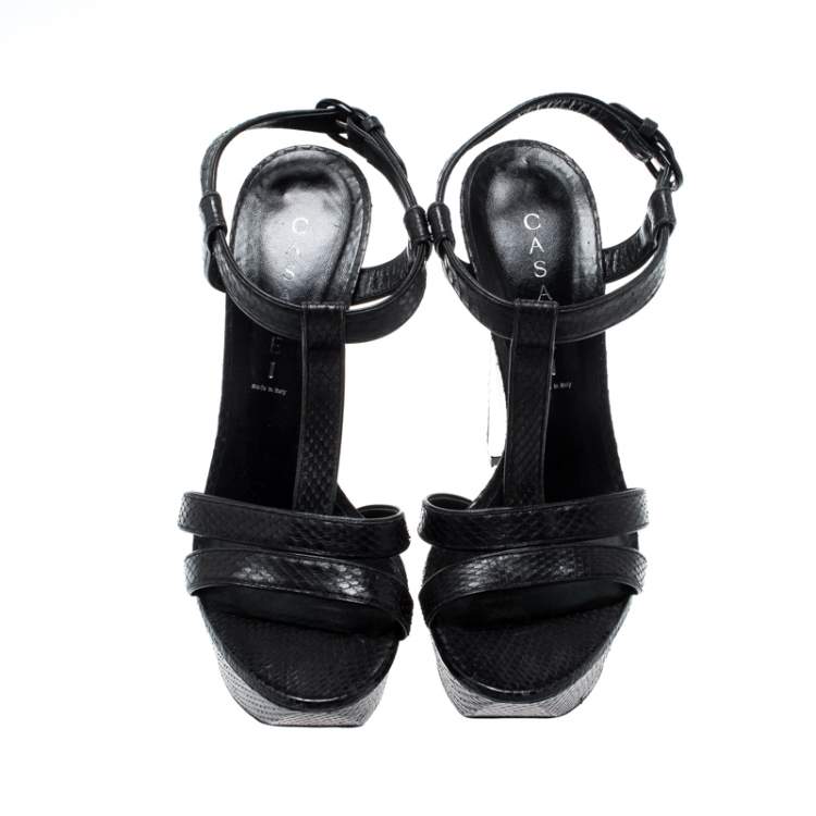 Pre Owned Casadei Black Python Embossed Leather Ankle Strap Platform Sandals Size 39