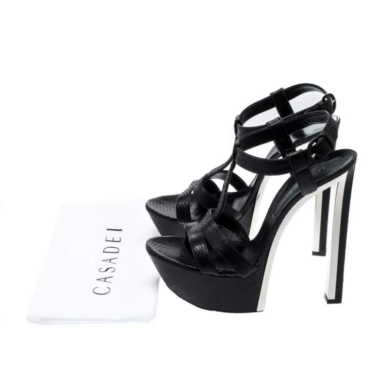 Pre Owned Casadei Black Python Embossed Leather Ankle Strap Platform Sandals Size 39