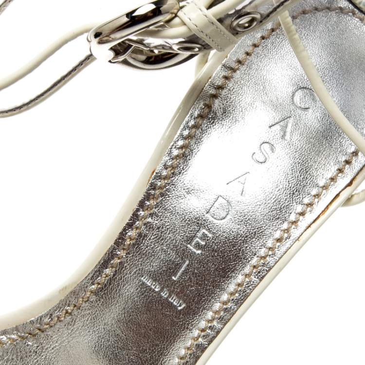 Pre Owned Casadei White Leather And PVC Cross Strap Sandals Size 39