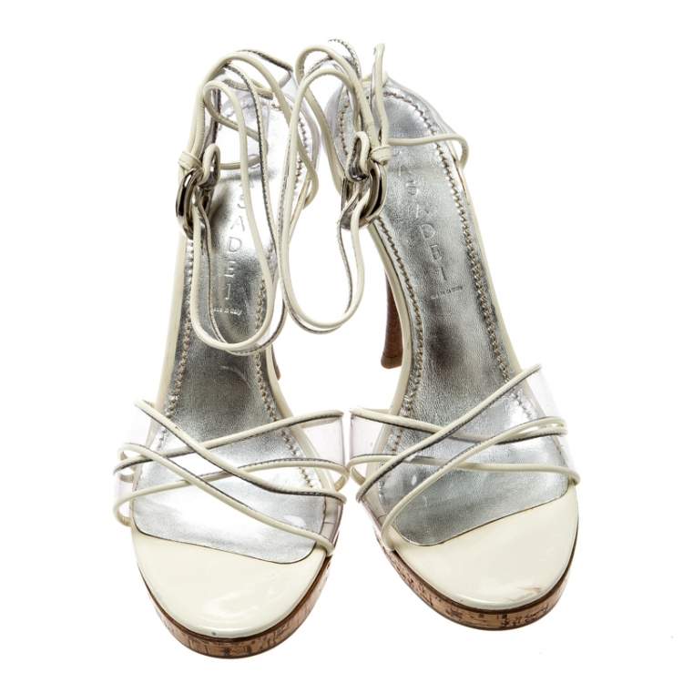 Pre Owned Casadei White Leather And PVC Cross Strap Sandals Size 39