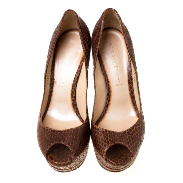 Pre Owned Casadei Brown Python Embossed Leather Peep Toe Platform Pumps Size 38