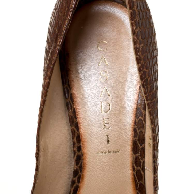 Pre Owned Casadei Brown Python Embossed Leather Peep Toe Platform Pumps Size 38